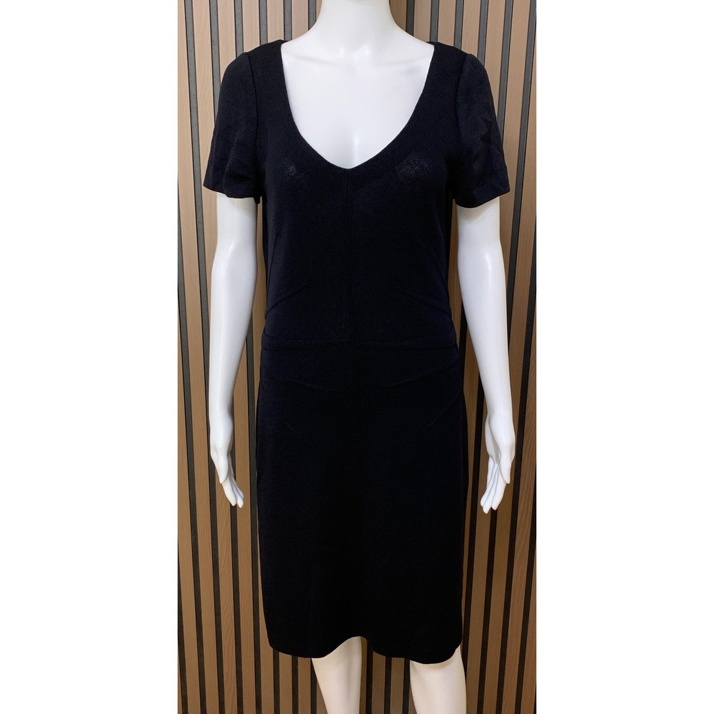 St John Collection Navy Blue Knit V-Neck Sheath Dress Size 10 Seam Detail